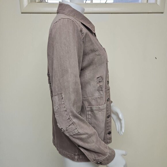 Dear John Distressed Denim Jacket Ripped Cotton Jean Womens XS Brown Boxy Cut - Picture 2 of 10
